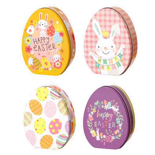 belupai 4pcs Easter Egg Tin Box, Easter Egg Shape Candy Box Happy Easter Bunny Design Snack Containers with Lid Biscuits Case Cookies Holder Metal Storage Box for Home Party