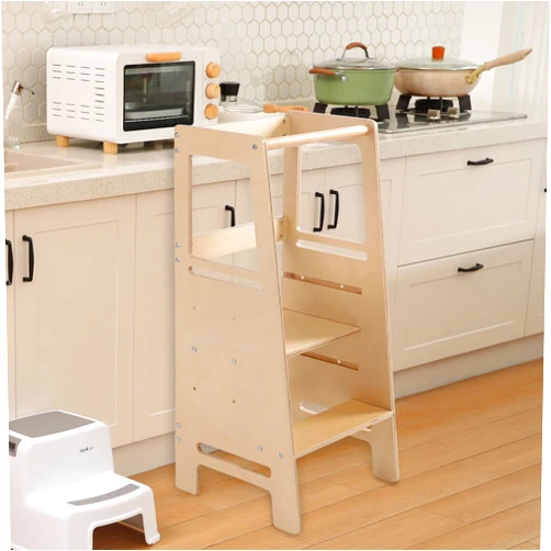DuDuEase Height Adjustable Kitchen Step Stool for Kids and Toddlers with Safety Rail Children Learning Standing Tower for Kitchen Counter and Bathroom Sink Helper, Solid Wood