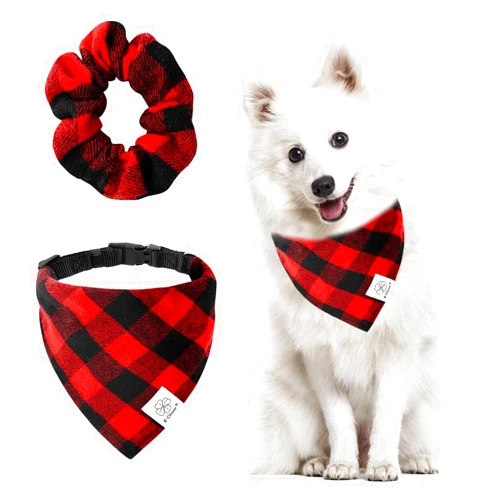 E-Clover Christmas Dog Collar Bandana & Matching Scrunchie Set Adjustable Buffalo Plaid Dog Collars Pet Accessories for Small Medium Dogs Owner Costumes