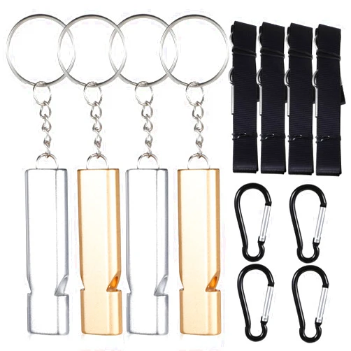 LLOUSSAK 4Pcs Emergency Survival Whistle Loud, 120dB Aluminum Safety Whistle with Lanyards & Keychains, Double Tube Whistles Emergency for Hiking Camping Kayaking Boating Fishing Outdoor Rescue