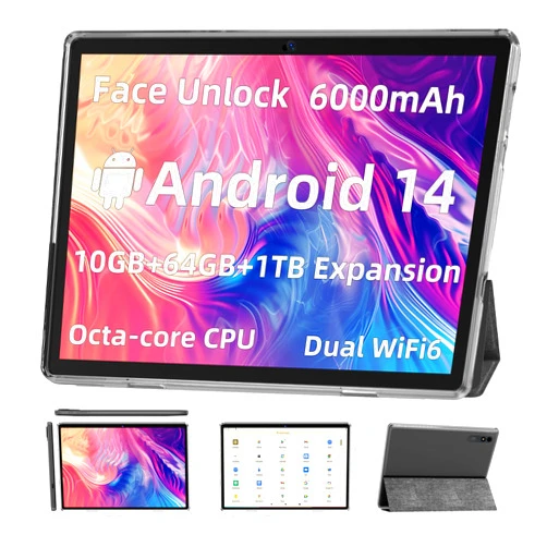 TUOHAITIME Android 14 Tablet,10 inch Tablet, Octa Core Processor, 10GB+64GB+512GB Expansion, 1280x800 HD IPS Display Screen, Wi-Fi6, Dual Camera, 6000mAh Battery Powerful Performance Tablet,Widevine L1 (Black)