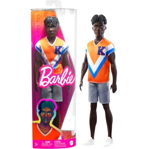 Barbie Fashionistas Ken Fashion Doll with Twisted Black Hair Wearing Orange Athletic Jersey, Shorts & White Sneakers