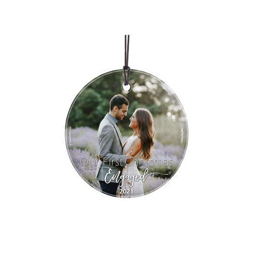 Trend Setters Our First Christmas Engaged Hanging Glass Print– Personalize with Year and Photo – Elegant Minimalistic Design - 3.5” Starfire Prints Hanging Glass Decoration | Packaged in Complimentary Velveteen Bag