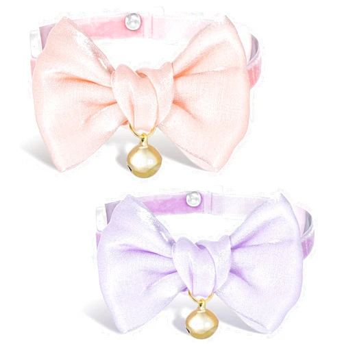 Heasy Cat Collar Bow Tie, 2 Pack Silk Pink Cat Collar Bow with Bell, Adjustable Breakaway Kitten Collars Soft and Cute Safety Collars for Girl and Boy Cats(Pink & Purple)