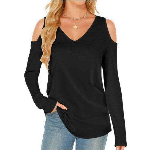 Buauty Womens V Neck Cold Shoulder Tops Long Sleeve T Shirts Loose Basic Tops Sexy Casual Blouses 2025 Trendy Tshirt