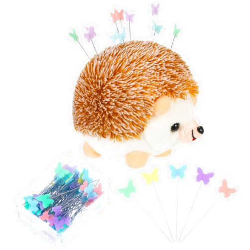 Dingion 101 Pieces Hedgehog Pin Cushion Cute Large Pin Cushion Furry Straight Pins Cushion Butterfly Flat Head Sewing Pins DIY Crafts Sewing Set Needle Cushions Holder for DIY Jewelry Decor, Brown