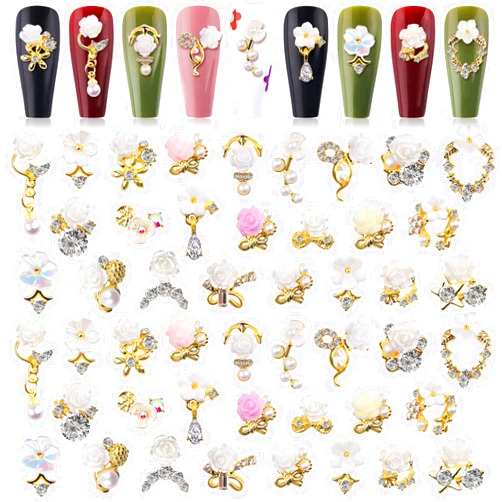 Kalolary 3D Flower Nail Charms Rhinestone, Kalolary White Flower Acrylic Nail Pendant Camellia Cherry Blossoms Nail Art Decorations for Spring Summer Nail Art Designs