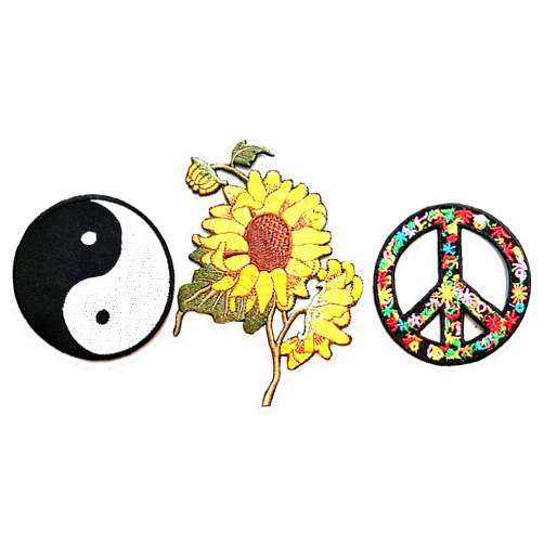 NiPitShop Cartoon Patch Nipitshop Patches Set of 3 Pcs Peace Sign Hippie Boho Retro Flower Power Summer of Love Hippy Patch Sun Flowers Patch Yin Yang Tao Dao Rainbow Chinese DIY Applique Embroidered Clothes Costume or Gift