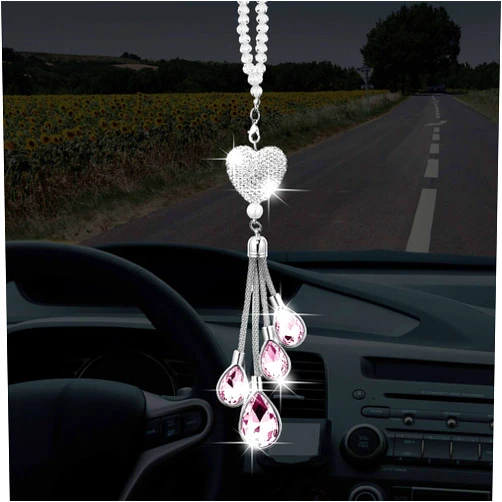 Frienda Bling Heart Diamond Car Charms Car Accessories for Women, Crystal Car Rear View Mirror Charms Car Decoration Lucky Hanging Interior Ornament Pendant Gifts for Women Driver(Pink,9.8 Inch)