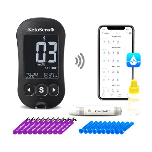 KetoSens Blood Ketone Monitoring Starter Kit with Bluetooth - Ideal for Keto Diet. Includes Meter, 10 Ketone Test Strips, 1 Control Solution Vial, 1 Lancing Device, 10 Lancets & Travel Case