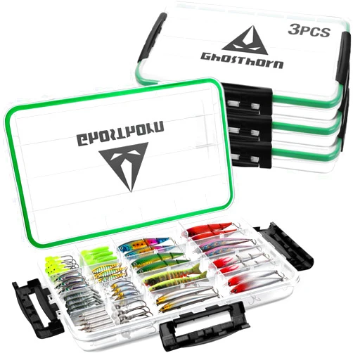 Ghosthorn Fishing Tackle Box, Waterproof 3600 and 3700 Tackle Trays, Plastic Tackle Box Organizer with Removable Dividers Storage Lure Box for Lures 1 and 4 Pack
