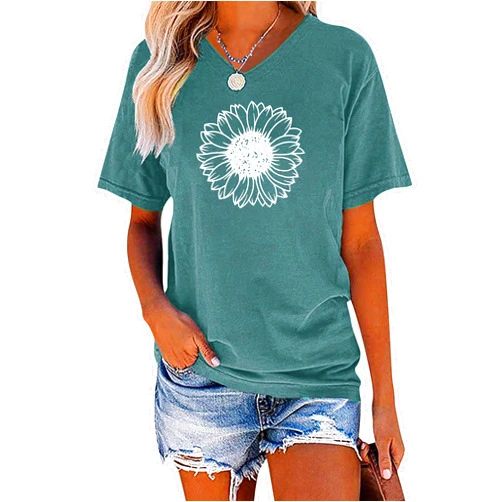 EADINVE Women's Short Sleeve V Neck Sunflower Graphic Printed Summer Tee Vintage T Shirt Cotton Tops Novelty Cool Shirt