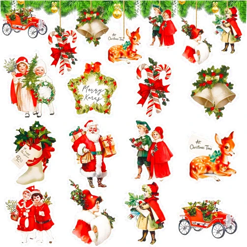 TEBIEKOY 36 PCS Christmas Ornaments Vintage Christmas Hanging Wood Decorations for Tree Xmas Santa Claus Reindeer Bell Slices Decor Hanging Tags Cane for Christmas Home Party