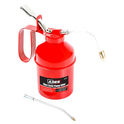 ARES 55010 – 16oz Red Lever Style Oiler Can - Includes Steel Braided Flex Hose & Offset Rigid Steel Nozzle – High Pressure Pump