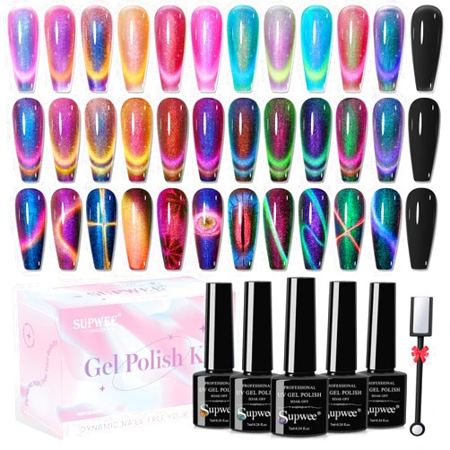 SUPWEE 12 Colors Cat Eye Gel Polish with Magnetic Stick, Chameleon Magnetic Gel Polish Kit Trible Colors Effect Galaxy Cateyes Nail Polish Gel Collection Home DIY Manicure for Women Girl