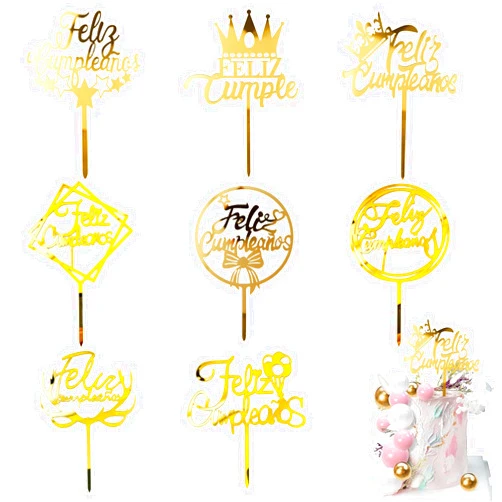 HizeJie Happy Birthday Cake Toppers Feliz Cumpleaños Cupcake Decoration 8 Pcs Gold Acrylic Spanish Birthday Party Supplies