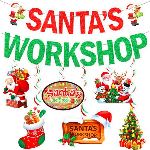 Yavxzvbw Santas Workshop Banner Santas Workshop Decorations Christmas Banner with Christmas Hanging Decorations for Happy Holidays Decorations Funny Xmas Decorations Merry Friendsmas Decorations