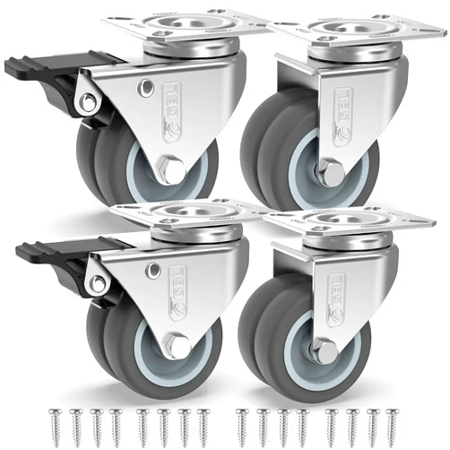 GBL 2 inch Casters Set of 4 Heavy Duty with 2 Locking Brakes + Screws - Up to 880Lbs - Swivel Caster Wheels - No Floor Marks Silent Plate Casters - Silver Castor