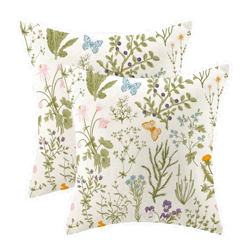 AEIOAE Spring Pillow Covers 22x22 Inch Set of 2,Sage Green Wild Flower Plant Throw Pillows Case,Seasonal Floral Outdoor Decorative Square Linen Farmhouse Decor Cushion Covers for Home Sofa Bed Couch