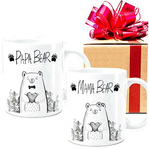Dnuiyses EST 2025 Bear Mama Papa Mugs Set Gift for New Parents, Baby Reveal Pregnancy Announcement Gift for Dad Mom, First Time Bear Dad Mom Gift, Wedding Anniversary Mug Gifts for Parents Grandparent