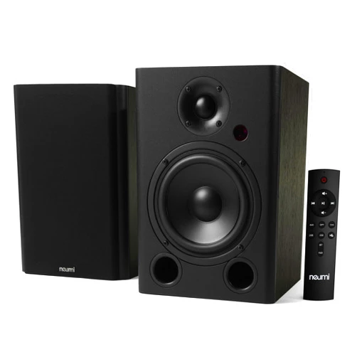NEUMITECH NEUMI BS5P-ARC 75-Watt Powered Bookshelf Speakers, Bluetooth, HDMI, USB, Optical, Coaxial, Remote Control, 5-Inch Woofer, 1-Inch Tweeter, Dark Wood, 1 Pair
