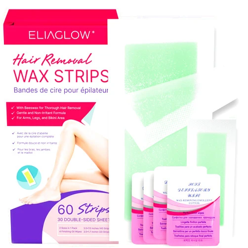 ELIAGLOW 60 PCS Wax Strips for Hair Removal: 40 Body & 20 Facial Hair Removal for Women - Waxing Kit for Women, Face, Eyebrow, Arms, Legs, Chest, Back, Bikini/Brazilian Waxing Strips & 4 Calming Oil Wipes