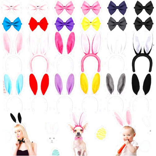 Jutom 24 Pcs Easter Bunny Ears Headband Costume Set Plush Easter Rabbit Ears Headband Adjustable Bow Tie Kids Adults Costume(Cute Style)