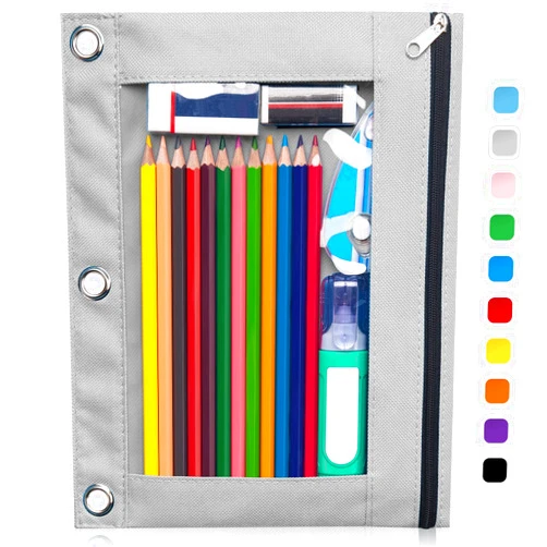 Forvencer Pencil Pouch for 3 Ring Binder, Binder Pencil Case with Smooth Zipper, Clear Window Pencil Case for Binder, Big Capacity 3 Ring Binder Pencil Bag with 3 Reinforced Grommets, Grey