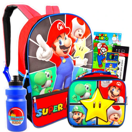 Super Mario Backpack and Lunch Box Set for Kids - Bundle with Mario Backpack, Mario Lunch Bag, Stickers, Water Bottle, More | Mario Backpack for Boys 4-6