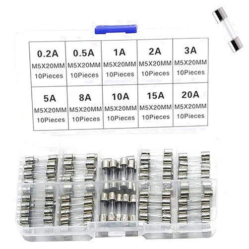 Peixiong 100pcs Fast-Blow Glass Tube Fuse Assorted Kit, 5x20mm 250V 10 Values Fuses 0.5A, 1A, 2A, 3A, 5A, 6A, 8A, 10A, 15A, 20A, 10pcs of Each Type