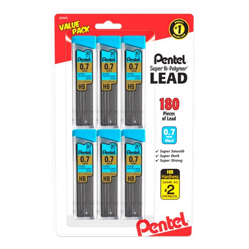 Pentel Super Hi-Polymer Refills, 0.7 mm Medium, HB, 180 Pieces of Lead (C27BPHB6)