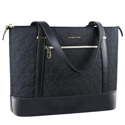 VANKEAN Laptop Bag for Women, 15.6 Inch Work Bag Waterproof Computer Shoulder Bag with USB Port, Large Tote Bag for Work Business Travel, Quilted Black