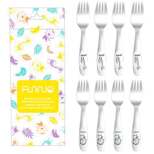 FUNNUO 8 Piece Stainless Steel Toddler Forks Set, Safe Kid Forks with Round Tides, Cartoon Children Forks for Self-feeding, Dishwasher Safe
