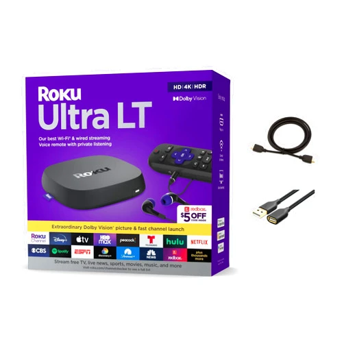 Roku Ultra LT Streaming Device 4K/HDR/Dolby Vision/Dual-Band Wi-Fi with Roku Voice Remote and HDMI Cable, with MTC HDMI Cable and USB Extension Cord