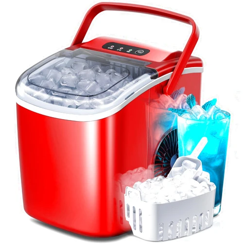 Crzoe Countertop Portable Ice Maker Machine with Handle, 9 Bullet-Shaped Ice Cubes Ready in 6 Mins, 26Lbs/24H, Self-Cleaning Function with Ice Scoop and Basket for Home/Kitchen/Party (Red)