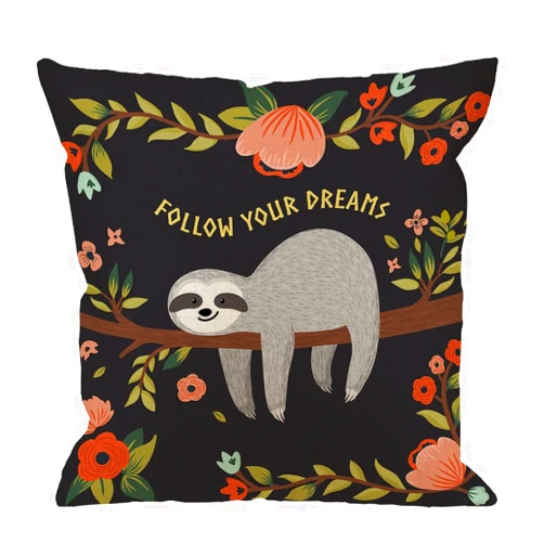 HGOD DESIGNS Sloth Throw Pillow Covers Decorative Follow Your Dreams Throw Pillow Cute Baby Sloth On The Tree Cotton Linen Square Pillow Case for Men/Women/18x18 inch Black Gray