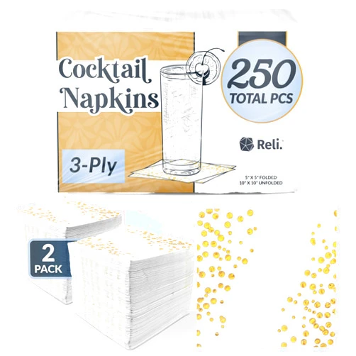 Reli. (250 Count) Cocktail Napkins 3-Ply, White and Gold Beverage Napkins | Disposable | 5 x 5 in. for Small Party, Bar, Wedding | Use for Coffee, Dessert (White/Gold)