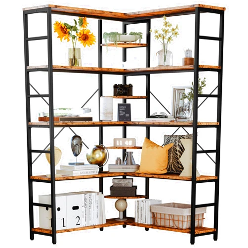 IRONCK Industrial Bookcases and Bookshelves, 5-Tiers Corner Bookcase with Curved Panels, L Shaped Shelf with Metal Frame for Open Storage for Living Room Home Office, Vintage Brown