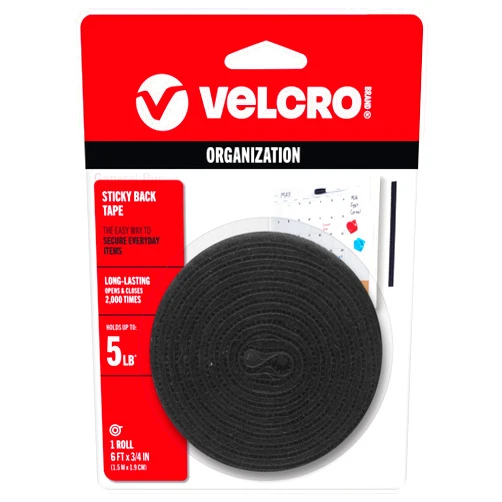 VELCRO Brand 6 Ft x 3/4 in | Sticky Back Tape Roll with Adhesive | Cut Strips to Length | Hook and Loop Fasteners | Perfect for Home, Office or Classroom, Black, 90975W