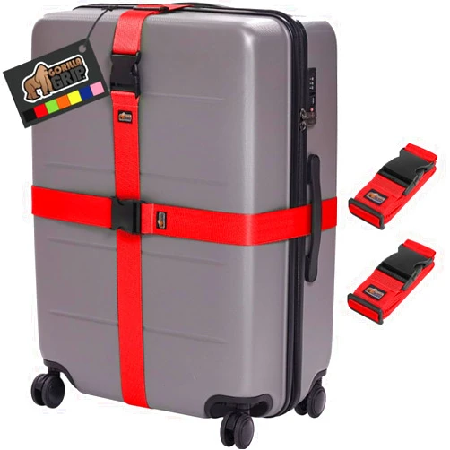 Gorilla Grip Heavy Duty Adjustable Luggage Straps for Suitcases, Easy to Identify Travel Belt Connector Holds Suitcase Together, Extends Life of Bag, Strap Connects Two Bags, Accessories 2 Pack Red