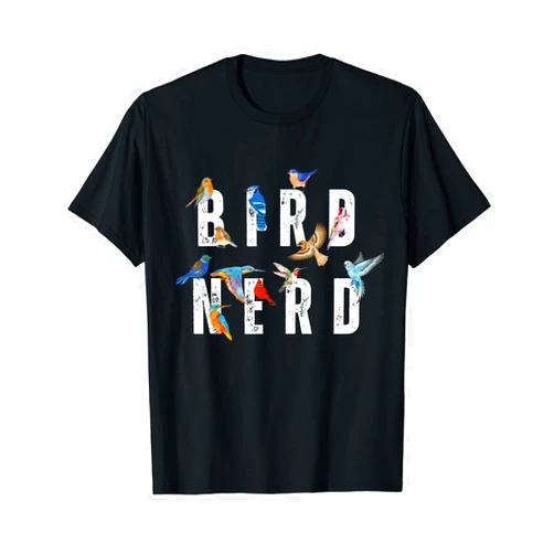 A&J Bird Nerd Typography with Flying Birds Enthusiast Tee T-Shirt