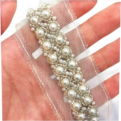 FQTANJU 1 Yard 5 cm Width Pearl Beads Decorative Tape Lace Edge Trim Ribbon,Vintage Style Ivory Edging Trimmings Fabric Embroidered Applique Sewing Craft Wedding Bridal Dress Party Clothes Decor