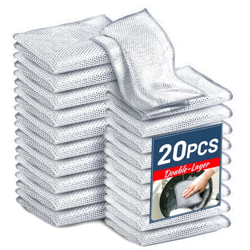 Tecotely 20 Pack Multifunctional Non-Scratch Wire Dishcloth - Double Layer Silver Wire Mesh Knit Cleaning Cloth Wire Dishwashing Rags Wire Cleaning Cloth Wire Dish Towels for Kitchen, Sinks, Pots, Pans