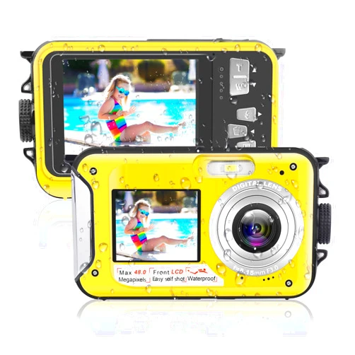 Kaisoon Tech Underwater Camera 10FT HD Waterproof Digital Camera 2.7K 48MP Video Selfie Dual Screen 16X Waterproof Camera Underwater Camera for Snorkeling,Vacation (Yellow)