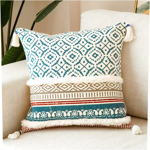 Blue page Boho Tufted Decorative Throw Pillow Covers for Couch Sofa - Modern Moroccan Style Pillow Cases with Tassels, Accent Decor Pillow for Bedroom Car Hotel, 18x18 Inches, Blue
