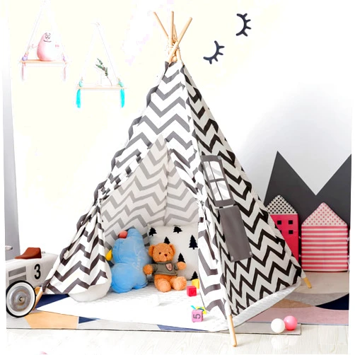 ODE-KIDS Kids Teepee Tent Play Tents with Fairy Lights & Mat, Princess Tent Playhouse for Indoor Home Decor and Outdoor Use Play Teepee Tent for Kids Girls Boys Birthday Gift (Canvas - Yellow Window) Grey Wave Window