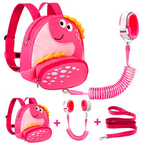 Accmor Toddler Backpack Harness with Safety Leash, Cute Dinosaur Harnesses with Kids Anti Lost Wrist Link, Mini Child Schoolbag with Wristband Tether Strap and Protection Leashes for Baby Girls (Pink)