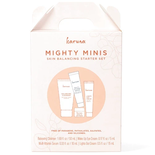 Karuna Mighty Minis, Skin Balancing Starter Set | Includes: Balancing Cleanser 1.69oz/50ml, Wake Up Eye Cream 0.17oz/5ml, Multi-Vitamin Serum 0.33oz/10ml & Lights Out Cream 0.5oz/15ml