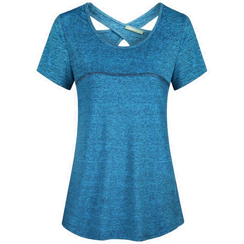 Kimmery Woman Short Sleeve Round Neck Criss Cross Back Yoga Shirt