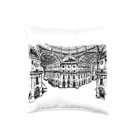 Italy Europe City Skylines Silhouette Outline Milan Galleria Vittorio Skyline Silhouette Outline Sketch Throw Pillow, 16x16, Multicolor